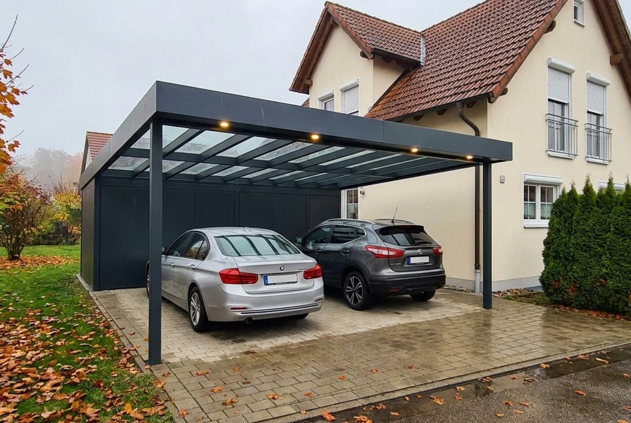 Anthrazit-Carport mit Glasdach - Schreiner Handwerk