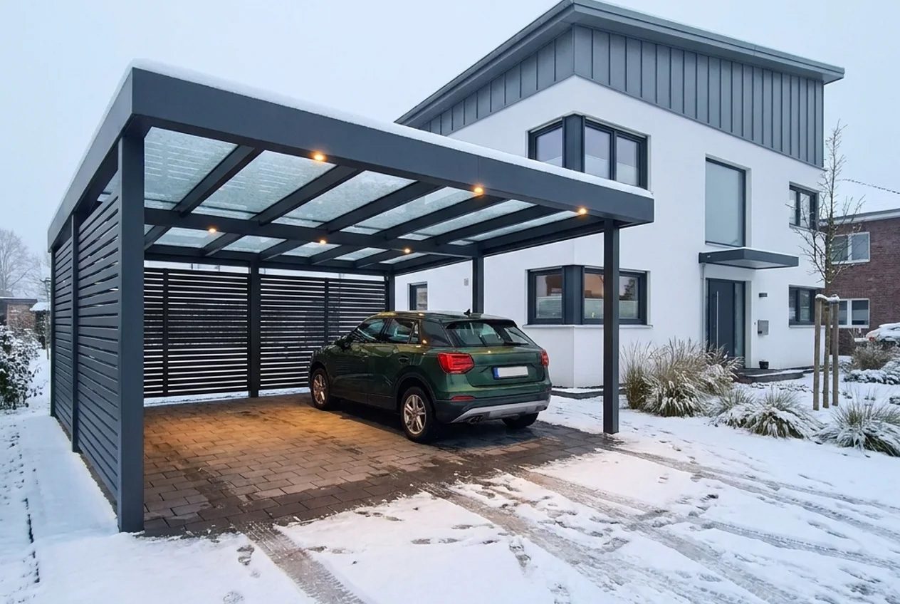 Anthrazit-Carport mit Glasdach im Winter - Schreiner Handwerk