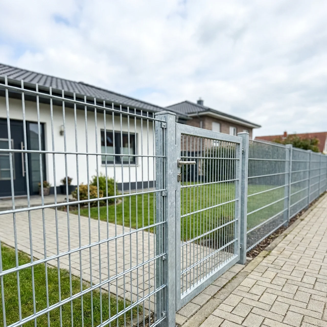 Verzinkter Doppelstabmattenzaun mit Gartentor an einem Wohnhaus